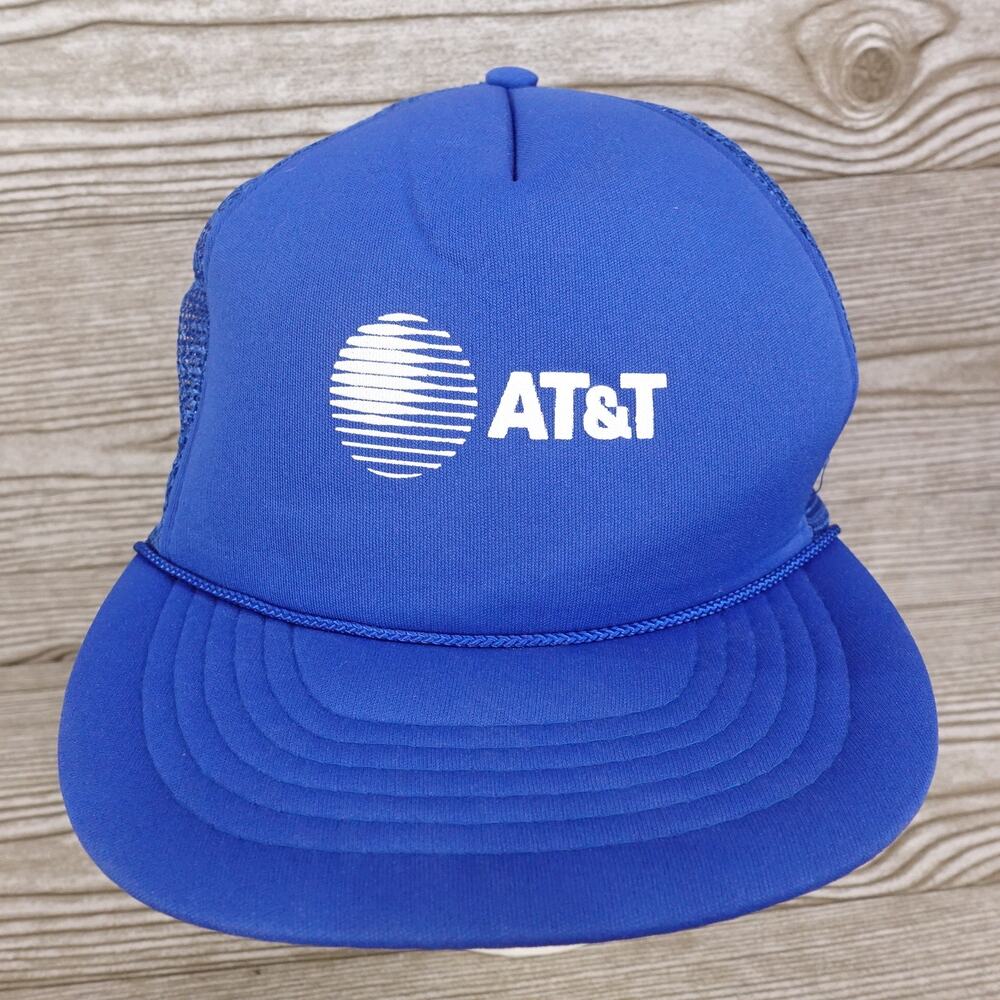 VINTAGE ATT AT&T LOGO VENTED BLUE SNAPBACK TRUCKER HAT CAP
